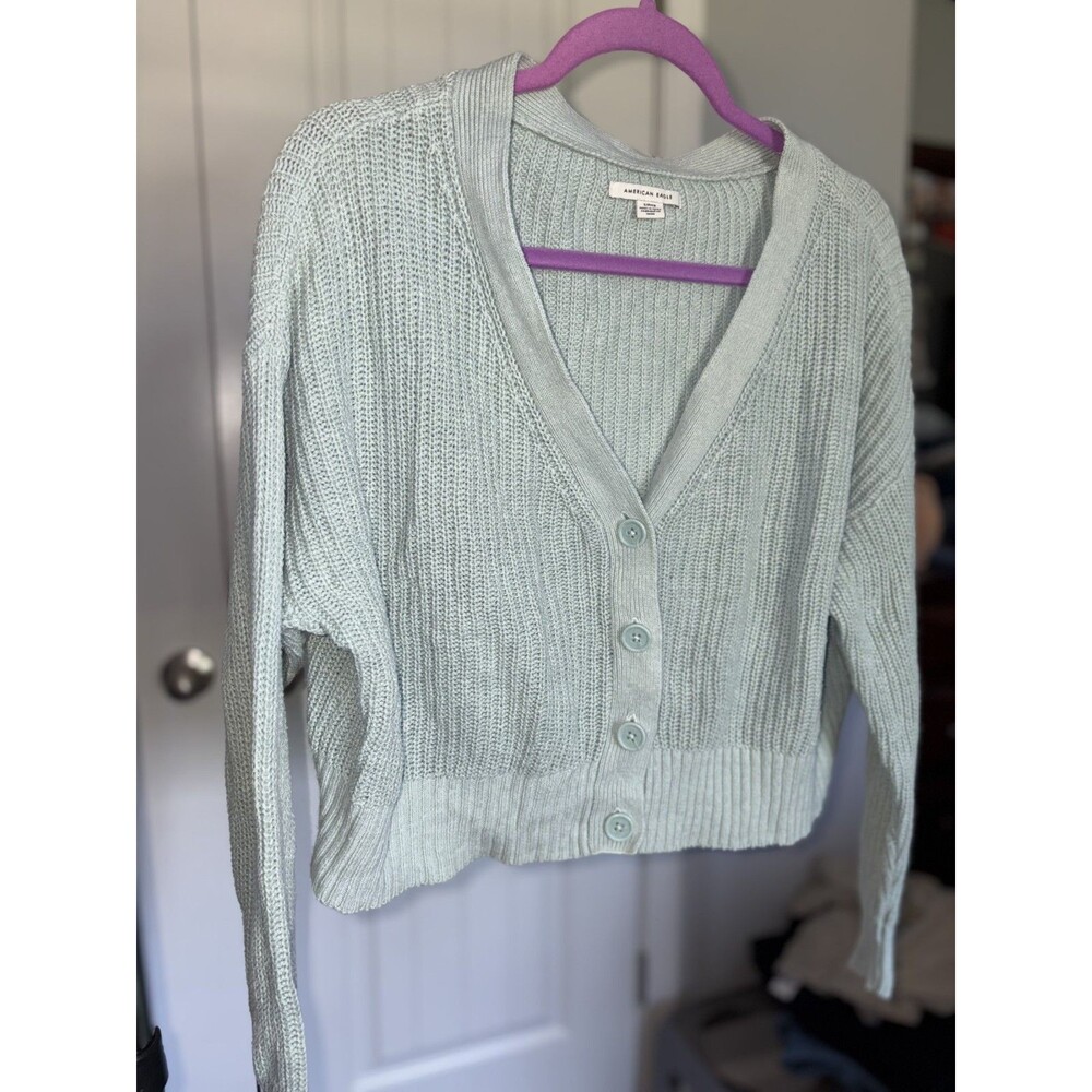 American Eagle Cardigan Womens Small Mint Green Ribbed Knit Button Front Cropped